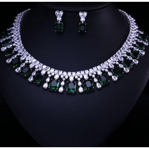 4 Color Select Luxury better Cubic Zircon Clear Necklace Earrings Set Heavy Dinner Jewelry Set Wedding Bridal Dress Accessories