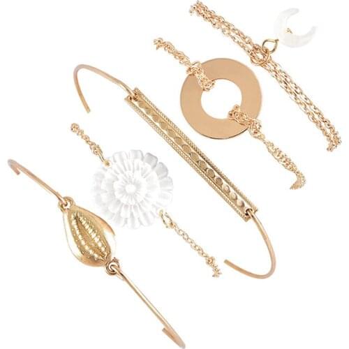 5 Pcs/Set Beach Bracelets Women Fashion Moon Flower Shell Geometric Chain Gold Bracelet Set Bohemian Charm Jewelry Accessories