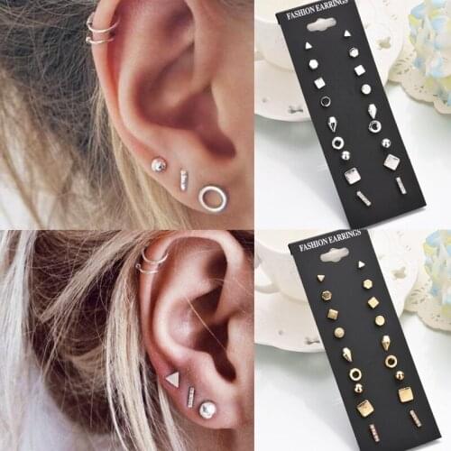 9pairs/set Simple Dainty Geometric Circle Stud Earrings Charm Trendy Alloy Punk Earrings Women Causal Jewelry Gift