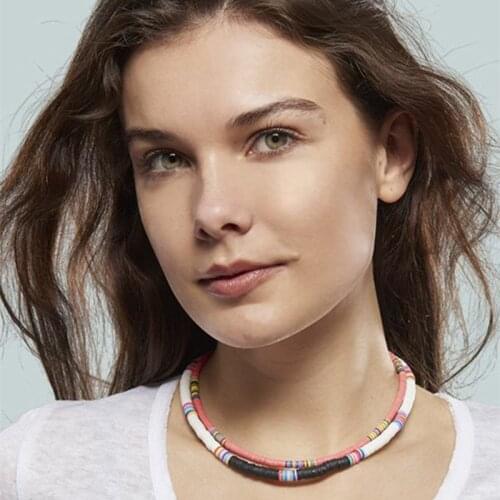 Bohemia Women Handmade Colorful Strand Beads Choker Beach Polymer Clay 4MM Round Chip Necklace Sweet Femme Casual Jewelry