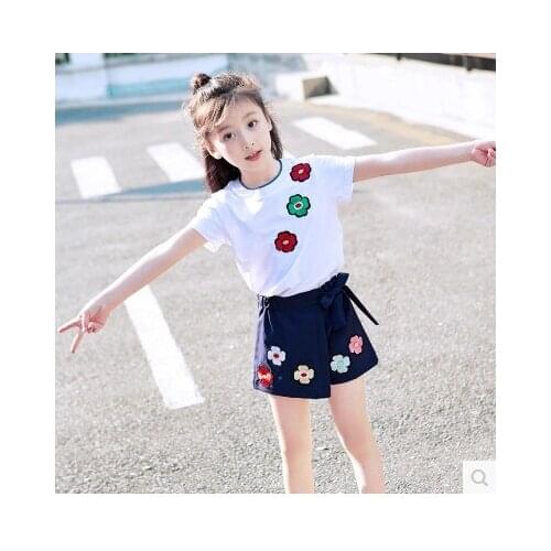 Kids girls short-sleeved suit 2020 new summer childrens cotton casual T-shirt big virgin piece shorts girls clothes 3-12 yrs 3