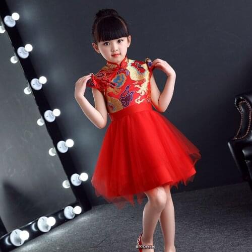 Red Flower Girl Princess Dresses Wedding Cheongsam Vintage Qipao Kids Children Oriental Gowns Modern Chinese Traditional Dress