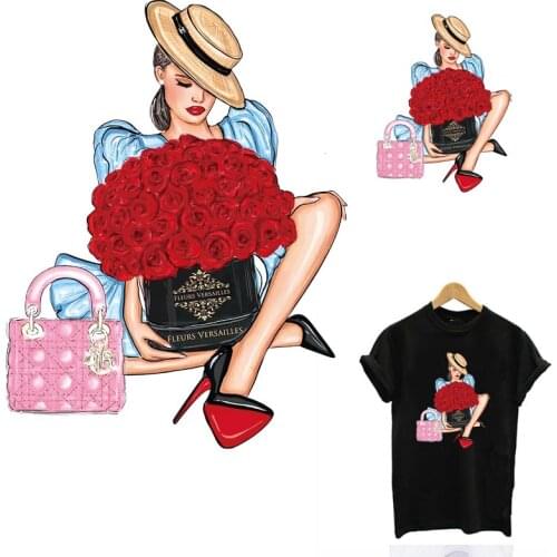 Rose Girl Heat Transfer Thermal Sticker On Clothes DIY Girl T-Shirt Hoodies Iron On Patches Fashion Lady Patch Decoration D-392