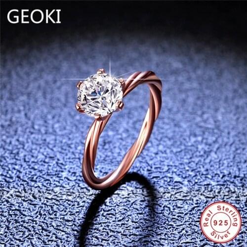 Geoki 925 Sterling Silver Perfect Cut 1 Ct D Color VVS1 Moissanite Ring 18K Rose Gold Plated Diamond Rings Wedding Jewelry