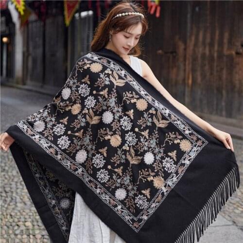 Artificial Cashmere Thick Shawls Chal Lady Warm Pashmina Tassels Mujer Bufanda Wrap Cape Embroidery Flower Echarpes Muffler