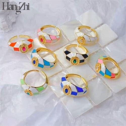 HangZhi New Colorful Plaid Dripping Oil Glaze Enamel Geometric Rhinestone Open Rings 2021 for Women Girls Party Jewelry