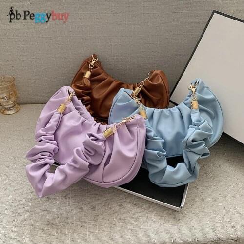 Fashion Women Pure Color PU Leather Shoulder Underarm Bags Casual Ladies Small Pleated Top-handle Hobos Handbags for Women 2021