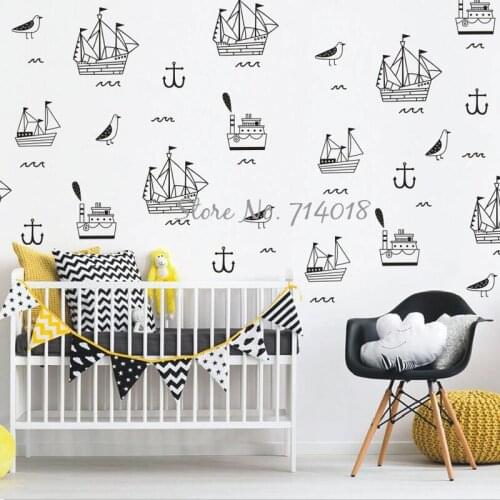 Nautical Wall Decals Ocean Ship Birds Anchor Wall Stickers For Kids Bedroom Nursery Decal Kids Room Wall Stickers A826