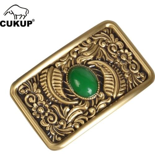 CUKUP The Chinese Style Real Jade Decorative Brass Buckle Metal 3.7-3.9cm Wide Belt Male Cowboy Buckles Only for Men BRK059