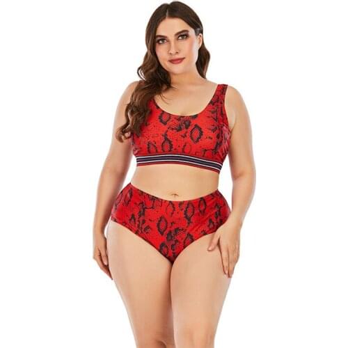 2021 New Female Sexy Large Size Snake Skin High Waist Split Bikini Set Womens Red Beach Swimsuit Wear Sw717