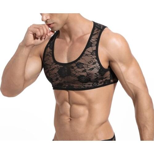 New Sleeveless Skinny Elastic Lace Mens Small Tank Half undershirt See through underwear roupas masculinas transparente homem