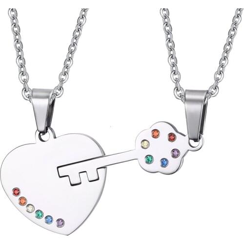 2021 LGBT Stainless Steel European and American Heart-shaped Unlocking Couple Rainbow Pendant Necklace Suitable For Couples