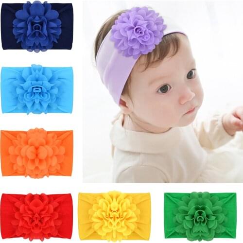 16 colors NEW Baby Girl Big Chiffon Flower Children Headband Turban Headwear Stretchy Nylon Flower Wide Hair Bands Accessories