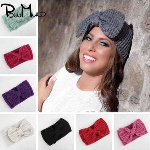 Powmuco Solid Color Handmade Knitted Bowknot Headband Fashion Crochet Weave Wide Hairbands Women Headwear Hair Accessories