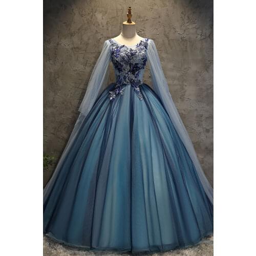 Luxury blue embroidery shoulder veil princess fairy ball gown opera medieval Renaissance Victoria dress ball gown