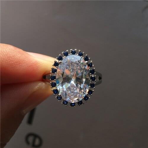 Luxury Female Big White Blue Stone Ring Elegant Silver Color Love Engagement Ring Vintage Wedding Band Rings For Women