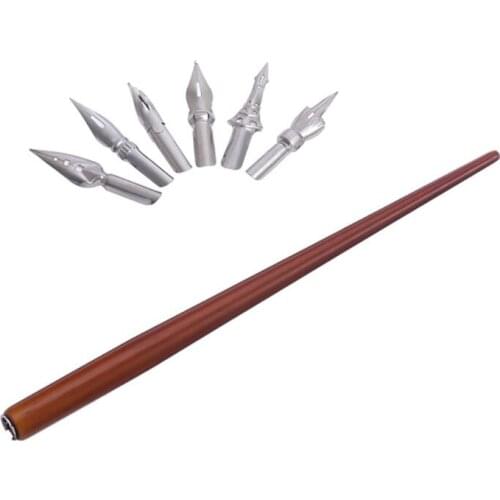 Wooden Manga Comic English Calligraphy Fountain Dip Pen with 6 Nibs Kit for Lettering Sketching Drawing