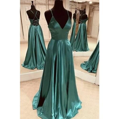 Sexy Satin Long Green Evening Dresses with Pockets Criss Cross Back Abendkleider Robes de Soirée for Women