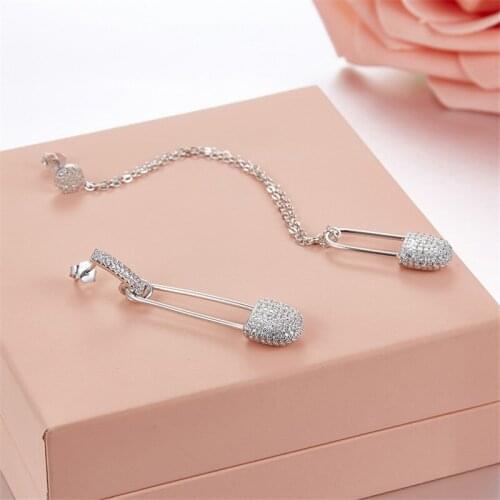 SOELLE S925 Sterling Silver Gold Pink Black Colors Asymmetric Safety Pin AB Earrings Micro Inlay Zircon CZ Women Luxury Jewelry