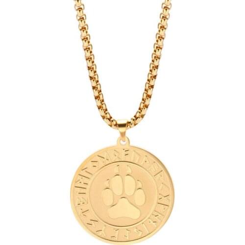 Vintage Nordic Mythical Wolf Paw Round Gold Colour Pendant Viking Runes Talisman Stainless Steel Fashion Necklace Jewelry