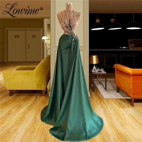 Lowime Green Long Evening Dresses 2021 Customized Beaded Lace Party Gowns Plus Size Satin Formal Women Dubai Arabic Prom Dress