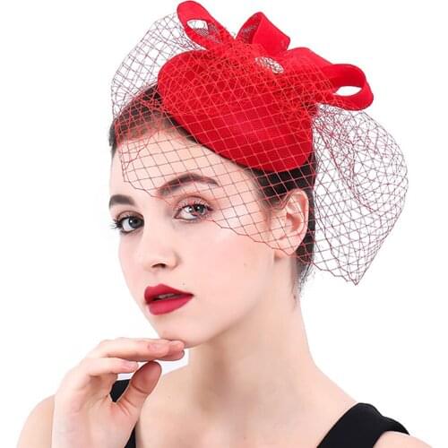 Red Fascinators Hats Women Elegant Feather Flower Wedding Velling Headwear Royal Derby Pillbox Hats Married Bow Hair Accessories