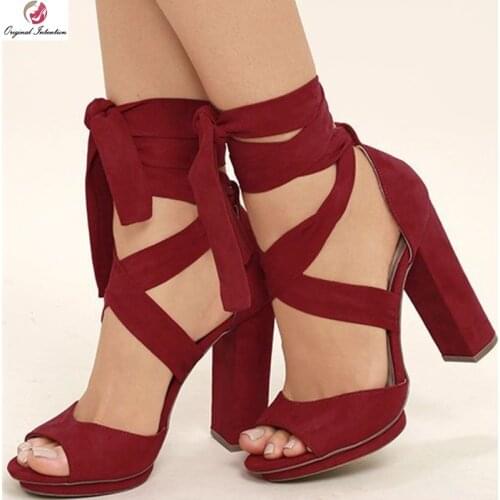 Original Intention Sexy Women Sandals Open Heels Sandals Wine Red Beautiful Square Heels Shoes Woman Plus Size 4-15