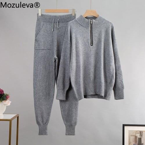 Mozuleva 2 Pieces Sweater Set Women Tracksuit O-neck Sweater with Zip Loose Trousers Pullover Sweater+ Knitted Full Pants Set