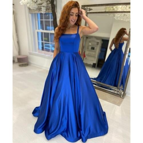 Long Halter Satin Prom Dresses with Pockets Spaghetti Criss Cross Back Royal Blue Abendkleider Robes de Soirée for Women
