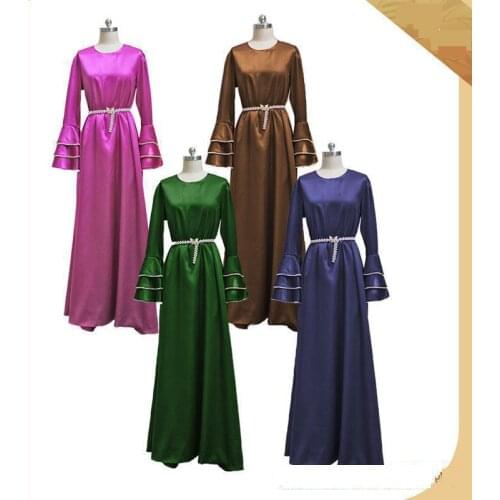 2021 New Lotus Leaf Sleeve Middle East Arabian Fashion Beaded Round Neck Loose Large Size Temperament Ladies Dress Without Belt