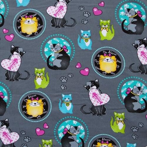 1 Yard Cotton Woven Fabric - Cat and Heart on Deep Grey (width=140cm)