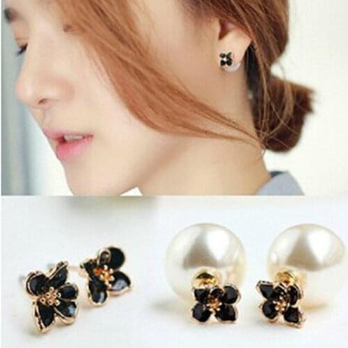 12 Paris/Lot Flower Simulated Pearl Stud Earrings Double Sided Earrings Female Ear Pending Jewelry For Women Earring Party