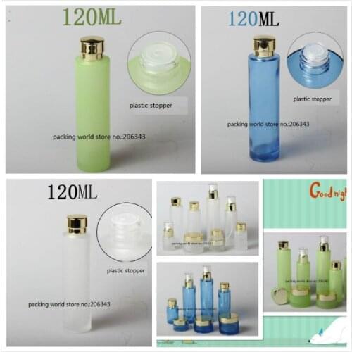 120ml frosted/green/blue glass bottle gold lid plastic stopper for serum/lotion/emulsion/toner skin care cosmetic packing