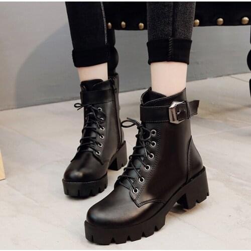 2020 Women Ankle Boots Woman High Quality Waterproof Autumn Winter PU Leather Womens Lace Up Warm Ladies Shoes Plus Size