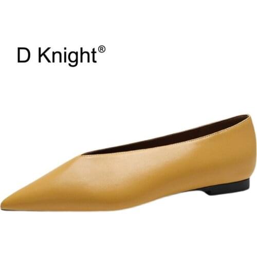 2021 New Comfortable Soft Pu Leather Ladies Loafers Casual Flat Womens Single Shoes Ginger Yellow Pointed V Mouth Grandma Shoes