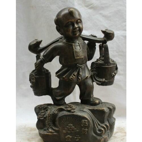 Fast shipping USPS to USA S2489 18" Chinese Bronze Folk Feng Shui Wealth Money barrel Tong Zi Boy Lad Statue