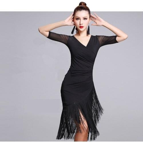 Black Latin Dance Dress Short-sleeve Latin Dance Tassel one-piece dress for women female Ballroom tango Cha Cha Rumba Costumes