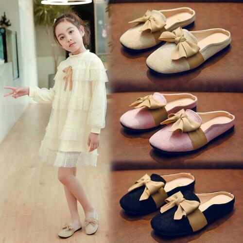 Childrens Slippers Girls 2020 Spring Japanese New Kids Flock Bow Non-slip Elegant Casual Princess Leather Shoes Girls Sandals