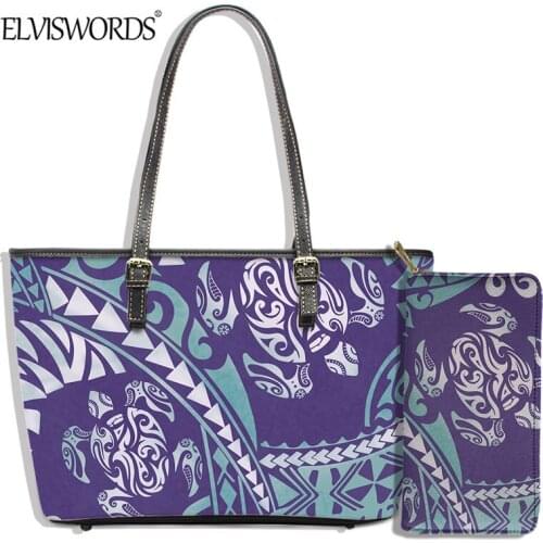 ELVISWORDS Hawaii Polynesian Tribal Pattern Womens Fashion 2PCS Set PU Shoulder Handbag With Purse Luxury Leather Large Package