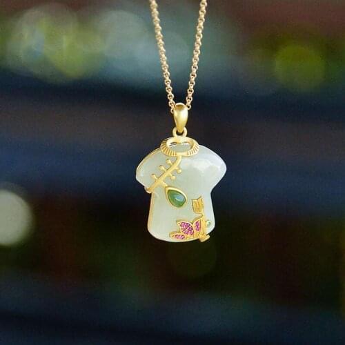 Natural Hetian White Jade Cheongsam Pendant 925 Sterling Silver Gorgeous Classic Temperament Gift for Mother