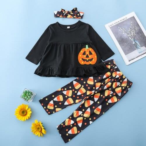 Girls clothes sets children clothing outfit Halloween Pumpkin Embroidery Long Sleeve O-neck Tops+Printed Trousers+Scarf