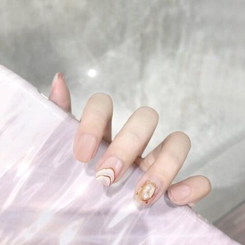 Ins beautiful pure color with white shell and hill pattern false nails french Bride full nail tips short lady full nail tips