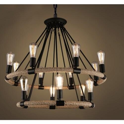 Loft industry retro Pendant lights Vintage creative American country rope lamp store cafe restaurant iron bar light hemp rope