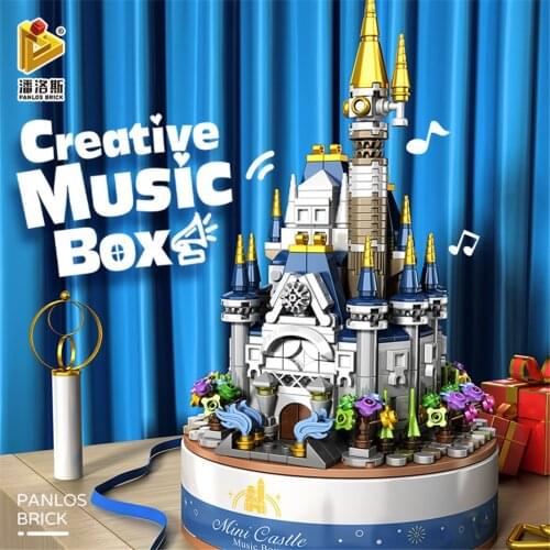 MEOA Creative Streetview Series 617pcs 360 Rotation Dream Castle Music Box With Garden In the Air Set Building Blocks MOC Bricks