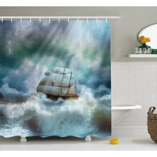 Ocean Shower Curtain Majestic Nautical Sealife and Pirate Boat Ship on a Wavy Deep Sea Art Print Home Decor Bathroom Curtains