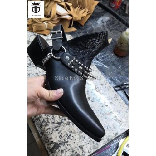 FR.LANCELOT 2020 New Ankle Boots men spike stud Chelsea boots Vintage Style Men Booties embroidery mens boots back open strap
