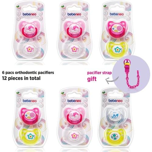 Orthodontic Pacifier Set 12+ Month 6 packs 12 pcs Orthodontic Pacifier Set - pacifier strap gift - Soother Set Made in Turkey