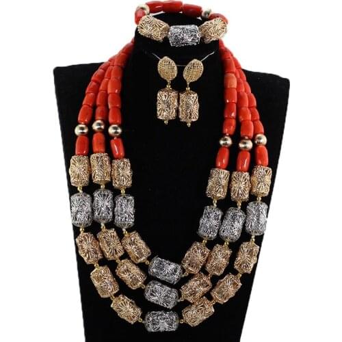 Mix Gold and Silver Indian Bridal Jewelry Sets for Women African Real Coral Beads Wedding Jewelry Set Brides CNR878