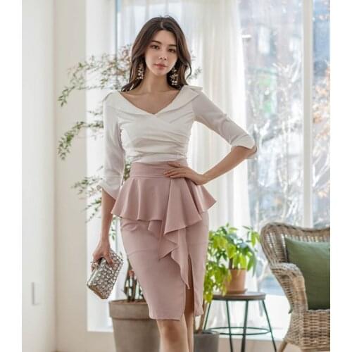 New arrival fashion set for women summer elegant slim v-neck shirt and ruffles pencil skirt office lady simple two piece set