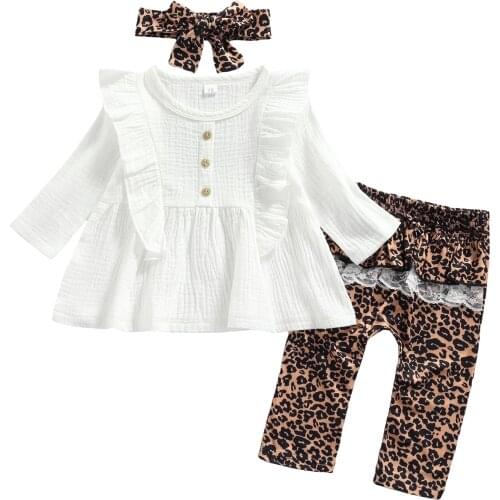 3Pcs Baby Girl Fall Clothes Long Sleeve Button Front Ruffle Tops + Leopard Pants + Headband Set